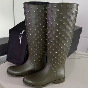 Saint Laurent Olive Rubber  Crystal Rain Boots EUR 37